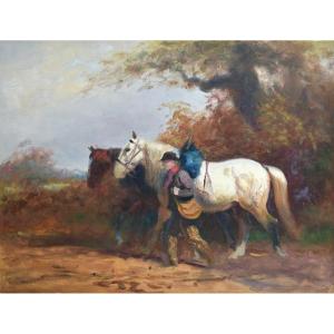 Eug&egrave;ne P&eacute;chaub&egrave;s (1890-1967) - Chevaux et fermier en chemin - Huile sur toile