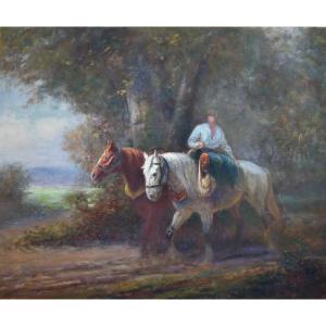 Eugène Péchaubès (1890-1967) - Farmer Leading His Horses - Oil On Canvas