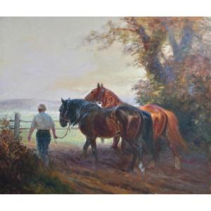 Eug&egrave;ne P&eacute;chaub&egrave;s (1890-1967) - chevaux allant au pr&eacute; - huile sur toile