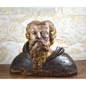 Bust Of Anthony The Great - Carved Wood - 17th Century