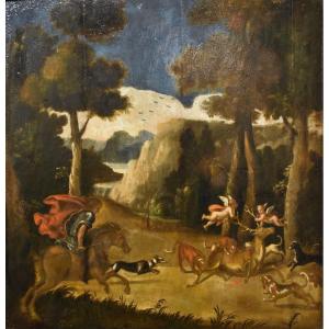 Deer Hunting Scene - Oil On Panel - Late 17th Century