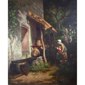 Henri Blanc-Fontaine (1819-1897) - La visite de la ruche - huile sur panneau