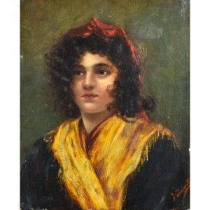 19th Century School - Portrait Of A Young Woman - Oil On Canvas