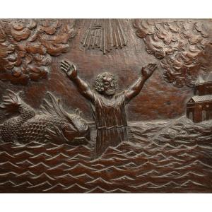 Jonah And The Whale - Carved Wooden Panel - Late 18th Century