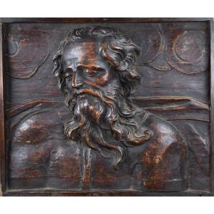 Portrait Of God The Father - Wooden Bas-relief - 17th Century