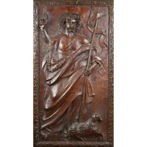 Saint John The Baptist And The Lamb Of God - Carved Wooden Panel - 18th Century