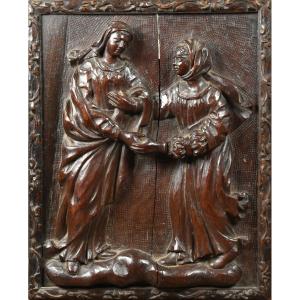 The Visitation - Carved Wooden Bas-relief - 18th Century