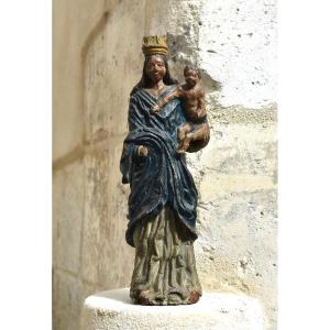 Virgin And Child - Carved Wooden Statuette - 18th Century