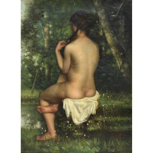 JULES BLIN  (n&eacute; en 1851) - Nu F&eacute;minin - Baigneuse de dos - huile sur toile - ca. 1880