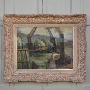 View Of An Industrial Port - Rouen ? La Seine ? Modern School 20th Century - Oil On Canvas