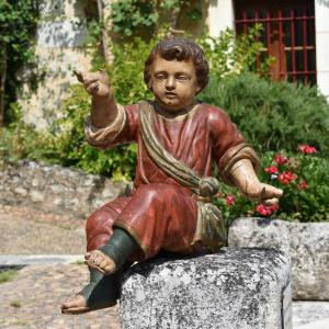 Sculpture baroque d&rsquo;enfant en bois polychrome - France - Milieu du XVIIIe 
