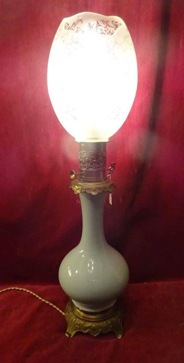 Green Opaline Oil Lamp Electric Mounted-photo-2