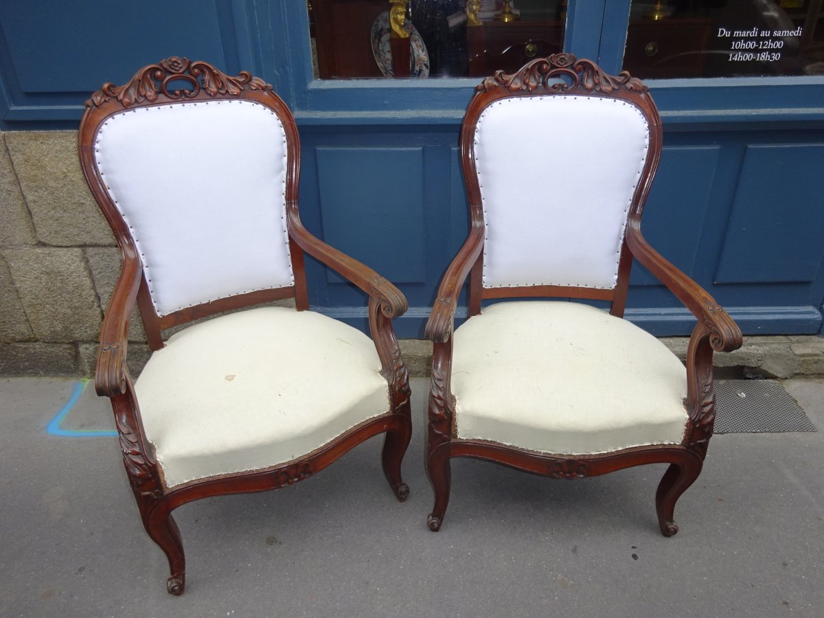 Pair Of Mahogany Armchairs, Napoleon III Period
