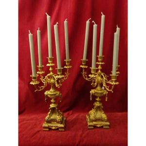 Important Pair Of Gilt Bronze Fireplace Candelabra, Napoleon III Period