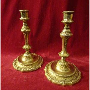 Pair Of Candlesticks In Gilt Bronze Louis XIV Style And Second Empire Period