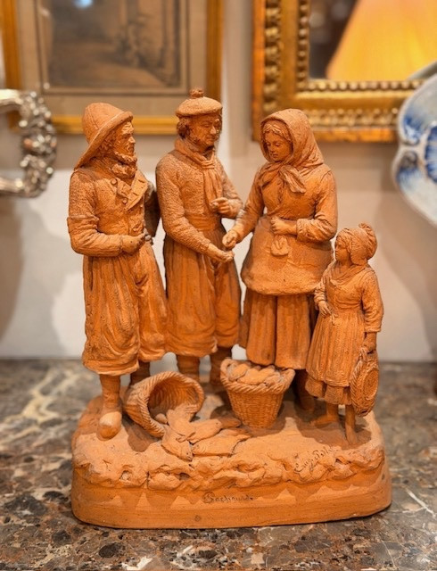 Eugène Blot (1830-1899) Terre cuite représentant une scène de marché aux poissons-photo-1