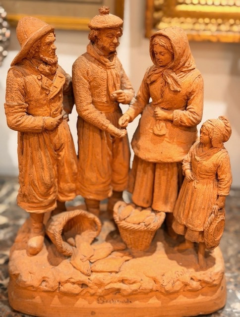 Eugène Blot (1830-1899) Terre cuite représentant une scène de marché aux poissons-photo-2