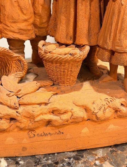 Eugène Blot (1830-1899) Terre cuite représentant une scène de marché aux poissons-photo-3