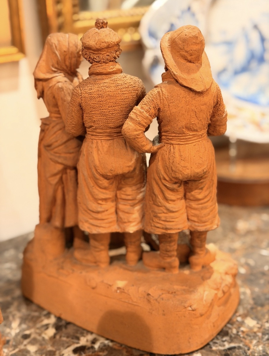 Eugène Blot (1830-1899) Terre cuite représentant une scène de marché aux poissons-photo-7