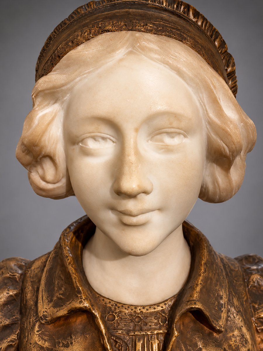 Affortunato Gory (1895-1925) – Buste de jeune femme – Marbre et bronze doré-photo-1