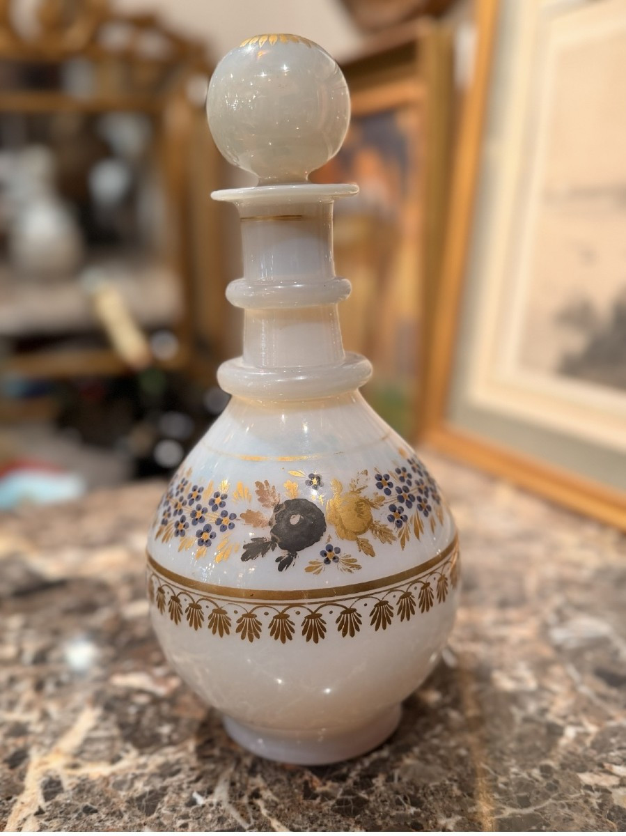 Carafe en Opaline Blanche – Décor Doré Floral – Époque Restauration Vers 1820-photo-4