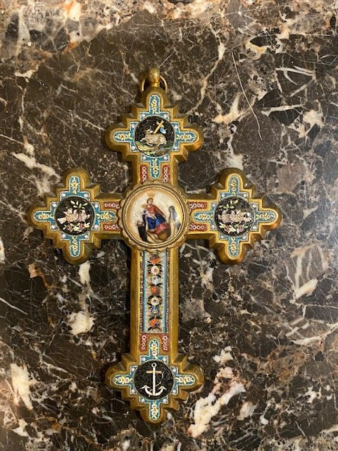 Religious Cross In Roman Micro-mosaic – Grand Tour – Italy 19th Century-photo-1