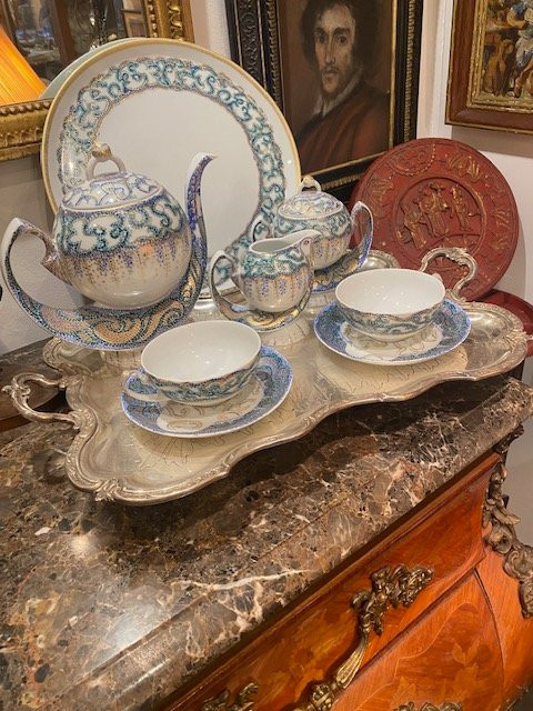 Service Tête-à-Tête Porcelaine Monaco – Modèle Atlantis – Décor Oriental Bleu, Vert et Or -photo-4