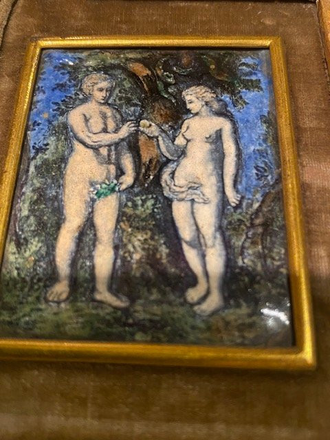 Plaque Émaillée Adam et Ève – Cuivre Polychrome à Rehauts d’Or – Attribuée "Colin Nouailher" -photo-2