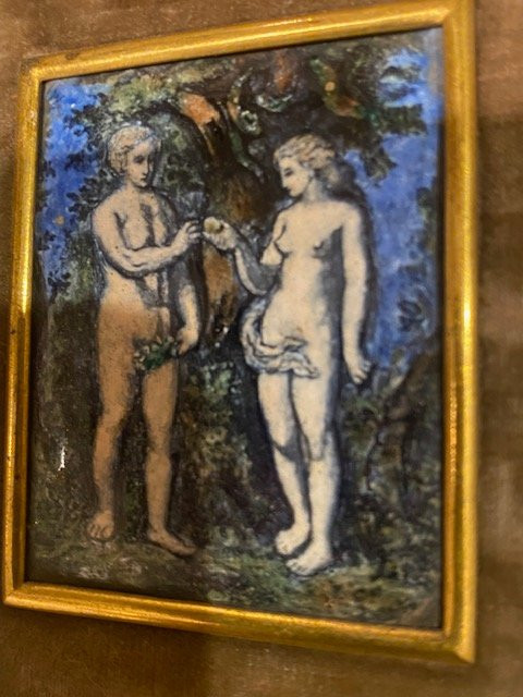 Plaque Émaillée Adam et Ève – Cuivre Polychrome à Rehauts d’Or – Attribuée "Colin Nouailher" -photo-3