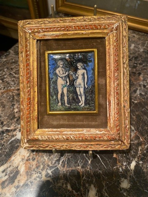 Plaque Émaillée Adam et Ève – Cuivre Polychrome à Rehauts d’Or – Attribuée "Colin Nouailher" -photo-4