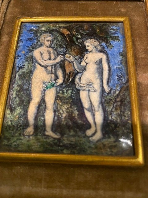 Plaque Émaillée Adam et Ève – Cuivre Polychrome à Rehauts d’Or – Attribuée "Colin Nouailher" -photo-6