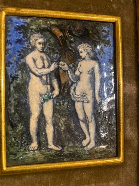 Plaque Émaillée Adam et Ève – Cuivre Polychrome à Rehauts d’Or – Attribuée "Colin Nouailher" -photo-7