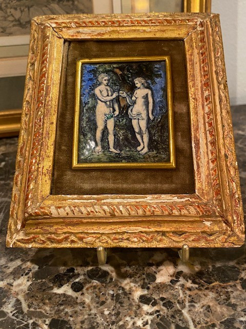 Plaque Émaillée Adam et Ève – Cuivre Polychrome à Rehauts d’Or – Attribuée "Colin Nouailher" 
