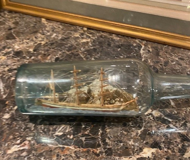  Old Ship In A Bottle – Three-masted Schooner – Marine Ex-voto – 19th Century Folk Art-photo-4