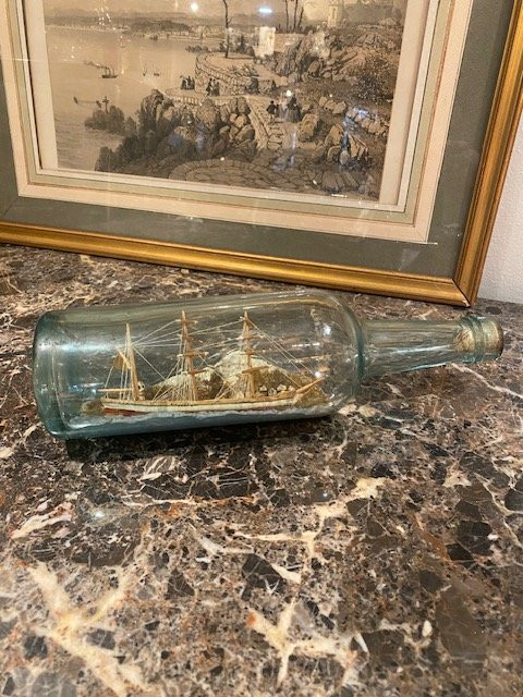  Old Ship In A Bottle – Three-masted Schooner – Marine Ex-voto – 19th Century Folk Art-photo-1
