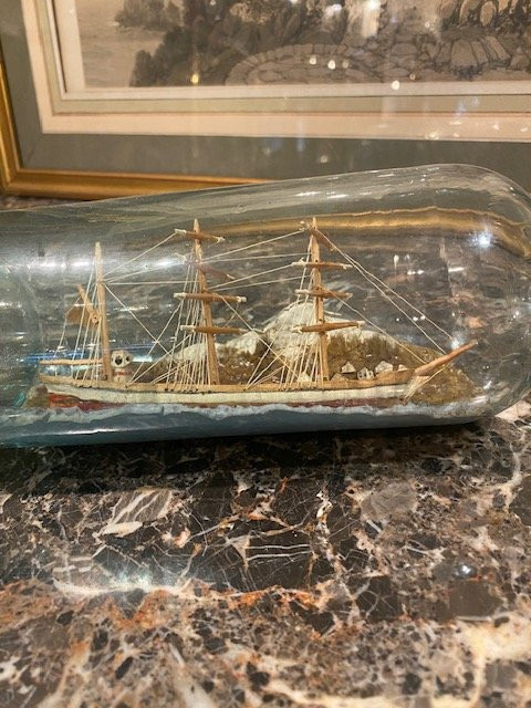  Old Ship In A Bottle – Three-masted Schooner – Marine Ex-voto – 19th Century Folk Art-photo-2
