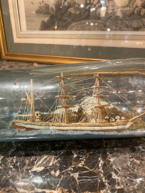 Old Ship In A Bottle – Three-masted Schooner – Marine Ex-voto – 19th Century Folk Art-photo-5