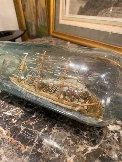  Old Ship In A Bottle – Three-masted Schooner – Marine Ex-voto – 19th Century Folk Art-photo-6