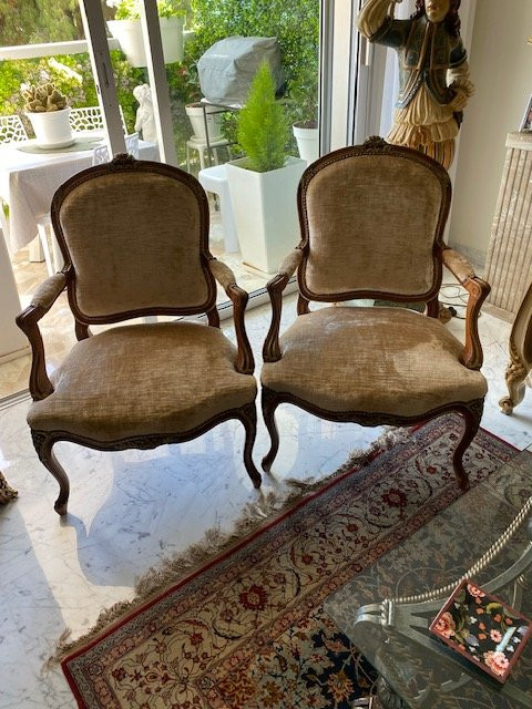 Pair Of Fauteuils à La Reine - Carved Walnut - Louis XV Style - French Work XIXth Century-photo-1