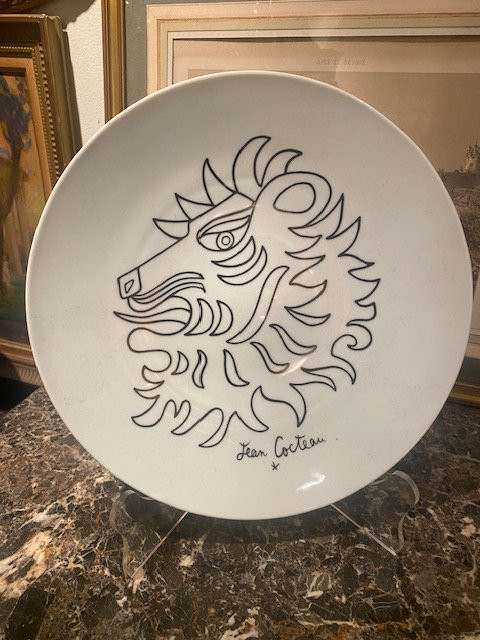 Grand plat “Le Lion” d’après Jean Cocteau – Pièce artistique en porcelaine Couleuvre-photo-3
