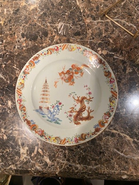 Famille Rose Porcelain Plate XVIIIᵉ - Compagnie Des Indes, Dragon And Pagoda-photo-1