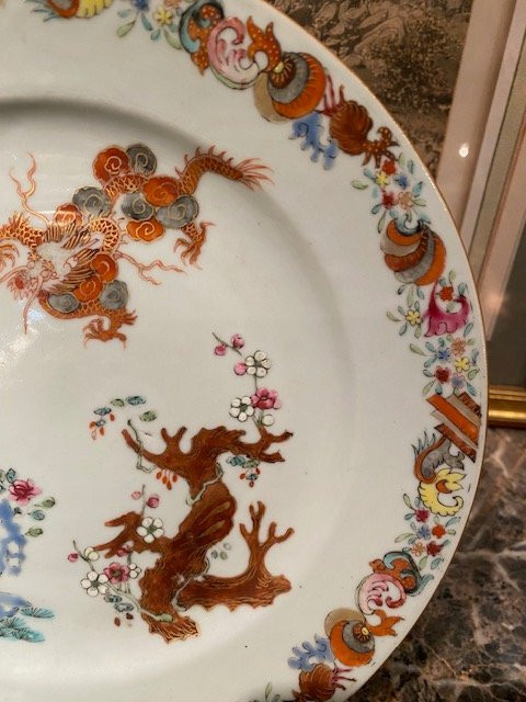 Famille Rose Porcelain Plate XVIIIᵉ - Compagnie Des Indes, Dragon And Pagoda-photo-3