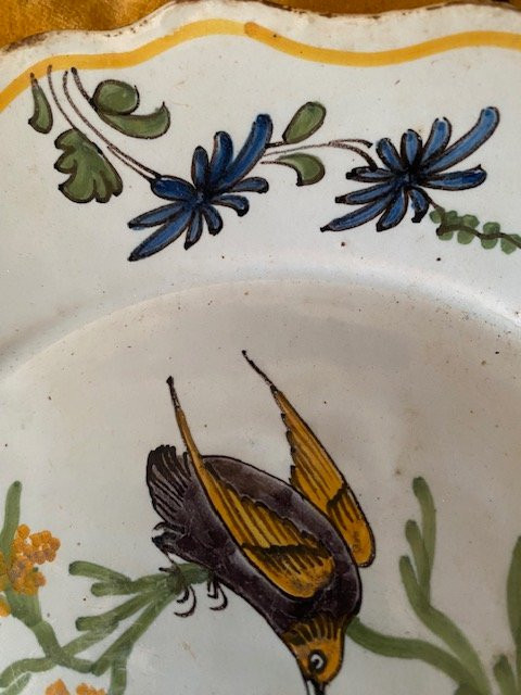 Assiette en faïence de La Rochelle XVIIIᵉ – décor oiseau, libellule et branche fleurie-photo-6