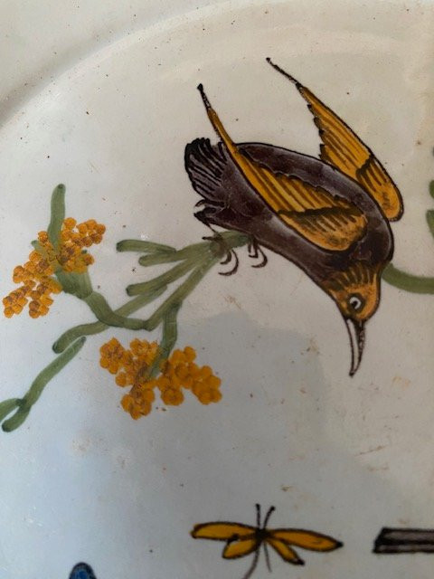 Assiette en faïence de La Rochelle XVIIIᵉ – décor oiseau, libellule et branche fleurie-photo-8