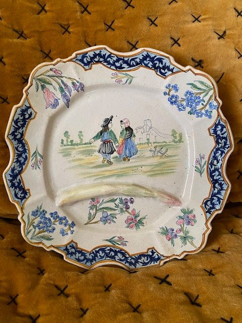 Pair Of Asparagus Plates Quimper - Porquier-beau, Polychrome Earthenware 19th Century-photo-3