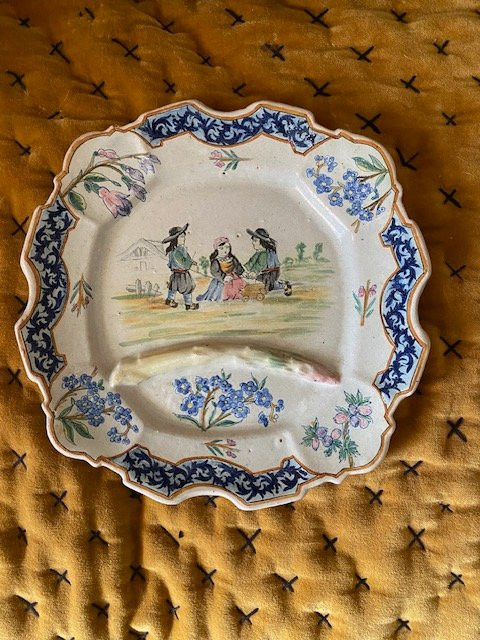 Pair Of Asparagus Plates Quimper - Porquier-beau, Polychrome Earthenware 19th Century-photo-4