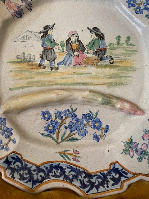Pair Of Asparagus Plates Quimper - Porquier-beau, Polychrome Earthenware 19th Century-photo-3