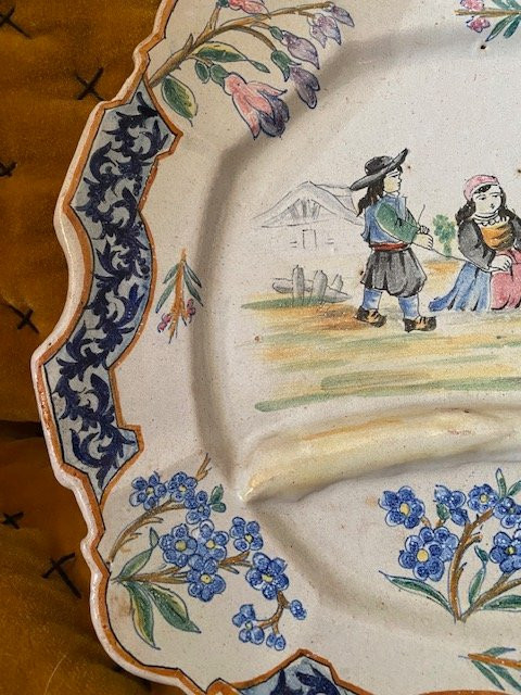 Pair Of Asparagus Plates Quimper - Porquier-beau, Polychrome Earthenware 19th Century-photo-4