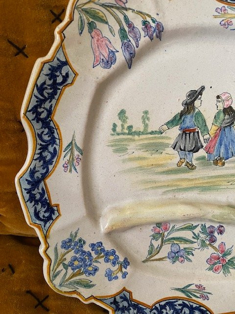Pair Of Asparagus Plates Quimper - Porquier-beau, Polychrome Earthenware 19th Century-photo-5