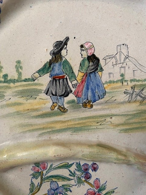 Pair Of Asparagus Plates Quimper - Porquier-beau, Polychrome Earthenware 19th Century-photo-8